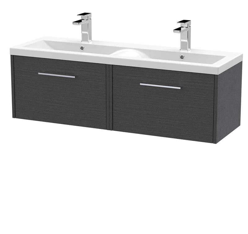 Hudson Reed JNU2222F Juno Modern Bathroom Wall Hung 2-Drawer Vanity with Ceramic Double Basin, 1200mm, Woodgrain Graphite Grey