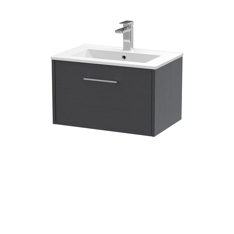 Hudson Reed JNU2222B Juno Modern Bathroom Wall Hung Single Drawer Vanity with Minimalist Ceramic Basin, 600mm, Woodgrain Graphite Grey