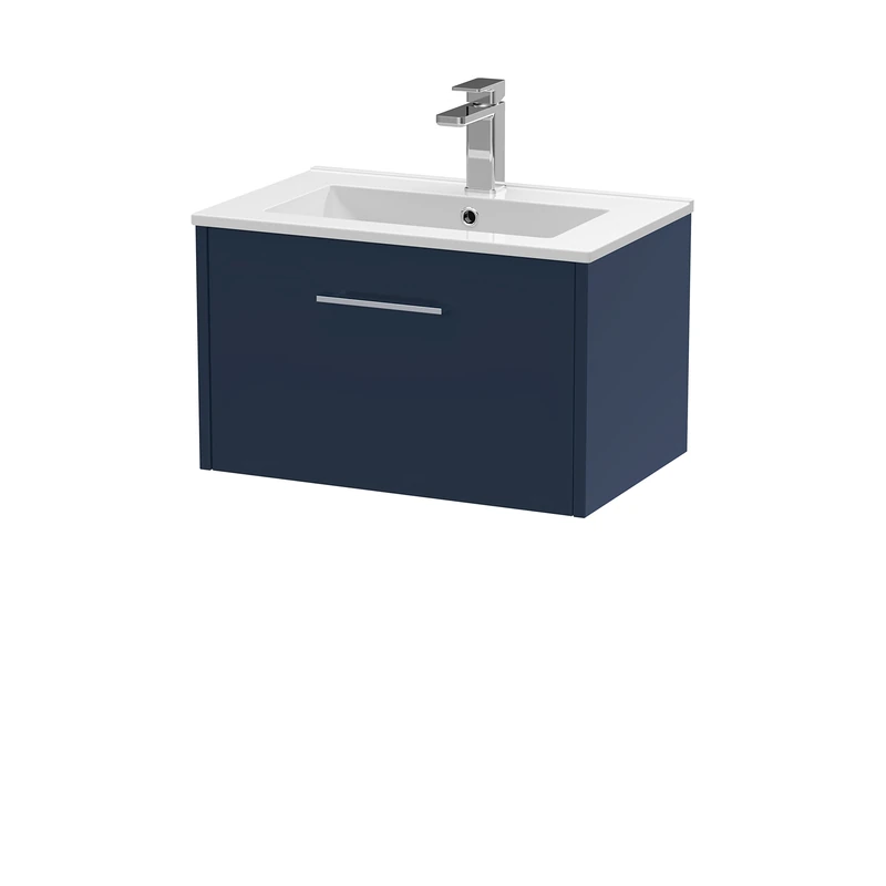 Hudson Reed JNU1722B Juno Modern Bathroom Wall Hung Single Drawer Vanity with Minimalist Ceramic Basin, 600mm, Matt Electric Blue