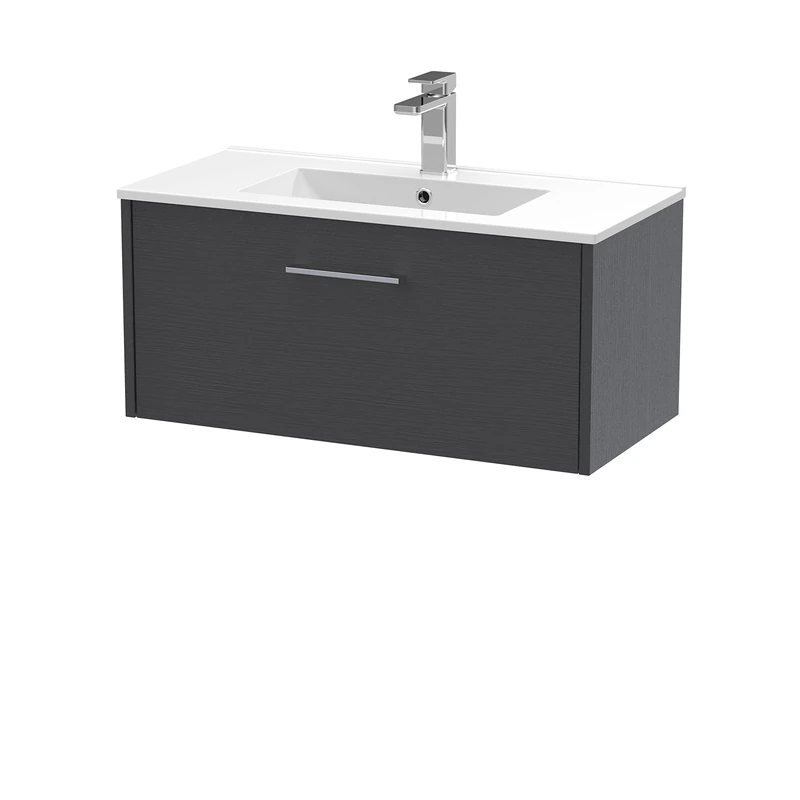 Hudson Reed JNU2225B Juno Modern Bathroom Wall Hung Single Drawer Vanity with Minimalist Ceramic Basin, 800mm, Woodgrain Graphite Grey
