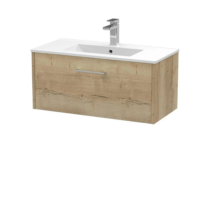 Hudson Reed JNU1825B Juno Modern Bathroom Wall Hung Single Drawer Vanity with Minimalist Ceramic Basin, 800mm, Woodgrain Autumn Oak