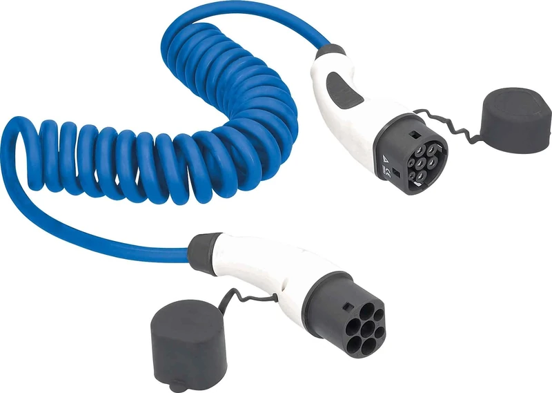 as - Schwabe Type 2 Spiral Charging Cable for Hybrid & Electric Cars 22 kW / 1-5 m / 32 A / 400 V - E-Car EV/PHEV Mode 3 Spiral Charging Cable 3-Phase - with Bag - Weather Resistant - Blue, 65123