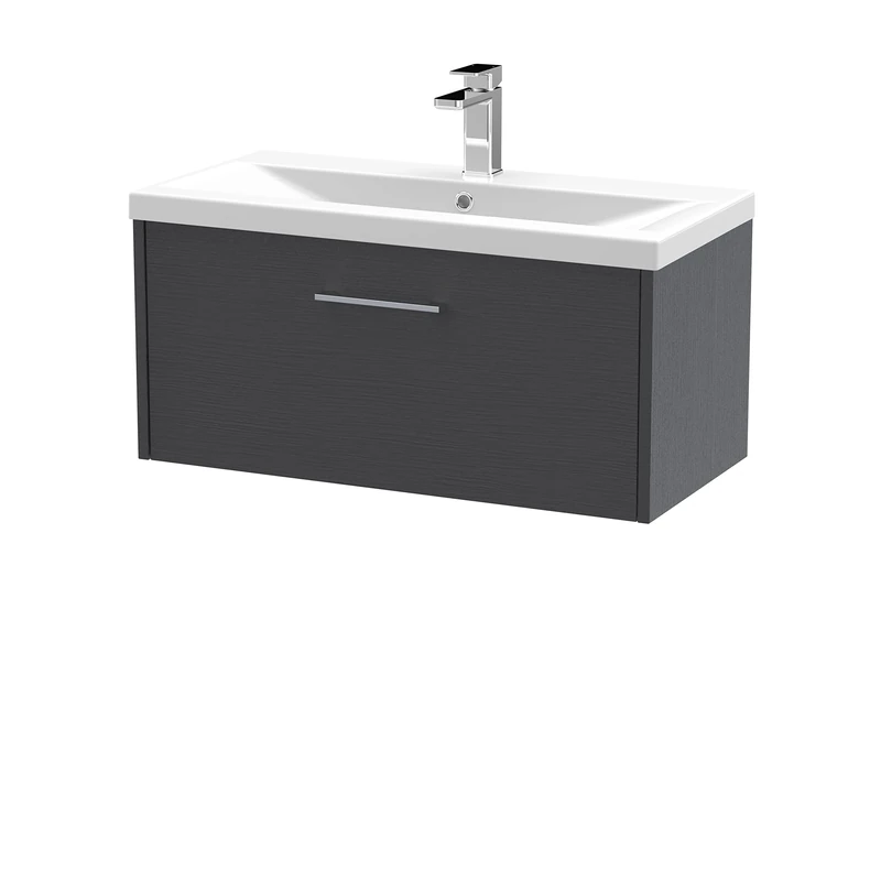 Hudson Reed JNU2225A Juno Modern Bathroom Wall Hung Single Drawer Vanity with Mid-Edge Ceramic Basin, 800mm, Woodgrain Graphite Grey