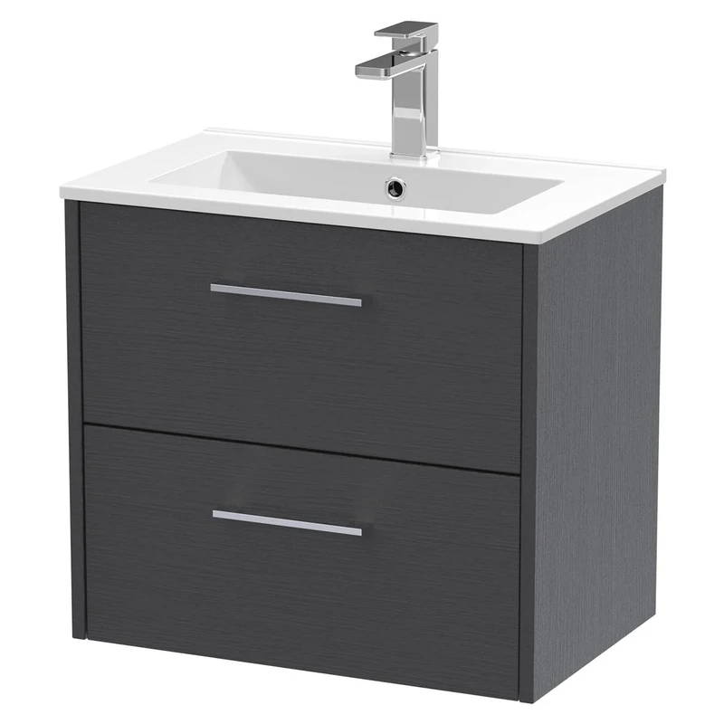 Hudson Reed JNU2224B Juno Modern Bathroom Wall Hung 2-Drawer Vanity with Minimalist Ceramic Basin, 600mm, Woodgrain Graphite Grey