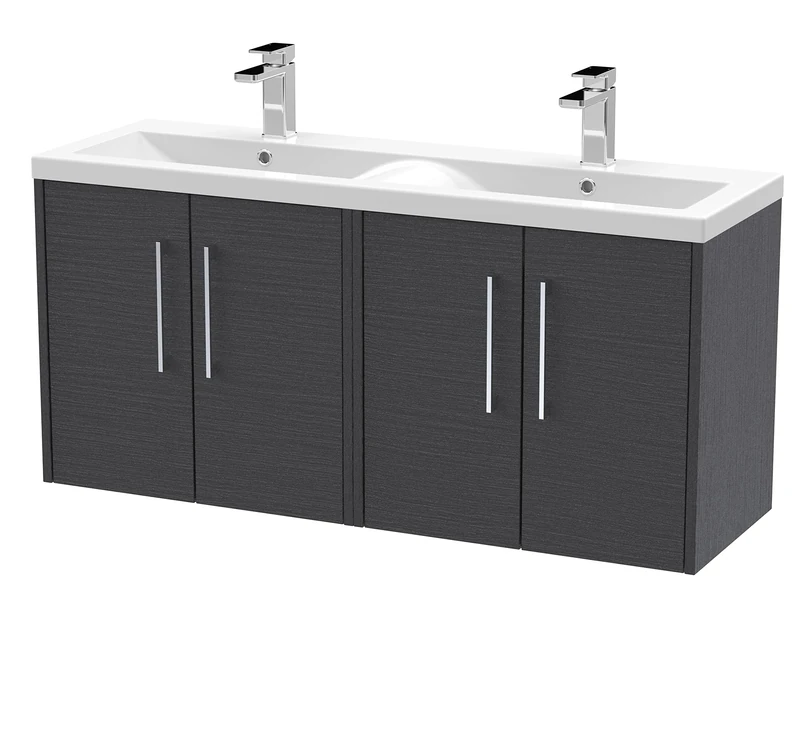 Hudson Reed JNU2223F Juno Modern Bathroom Wall Hung 4-Door Vanity with Ceramic Double Basin, 1200mm, Woodgrain Graphite Grey