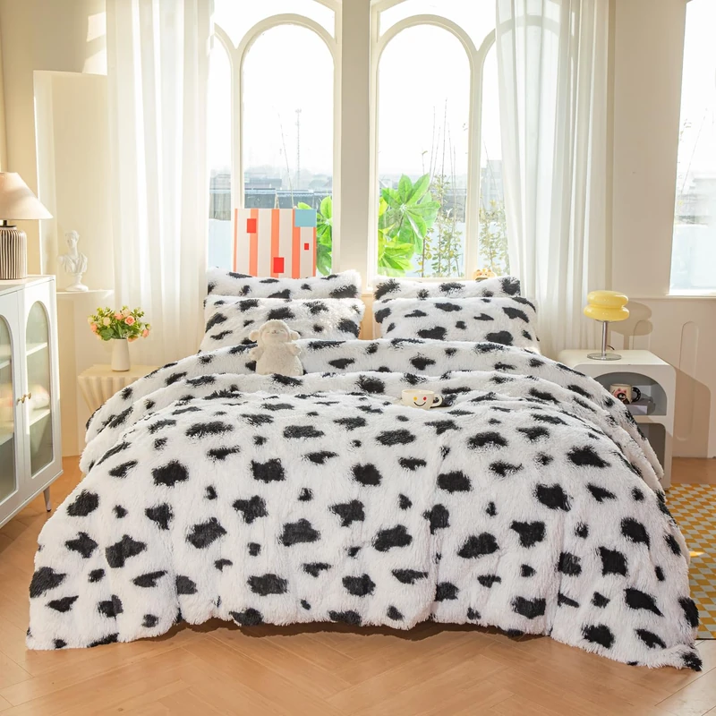 chovy Faux Fur Tie-dyed Cow Print Black White Comforter Sets Queen - 3PC Bed Set Ultra Soft Plush Flannel Velvet Fluffy Fuzzy Bedding（Comforter x 1 Pillowcases x 2）