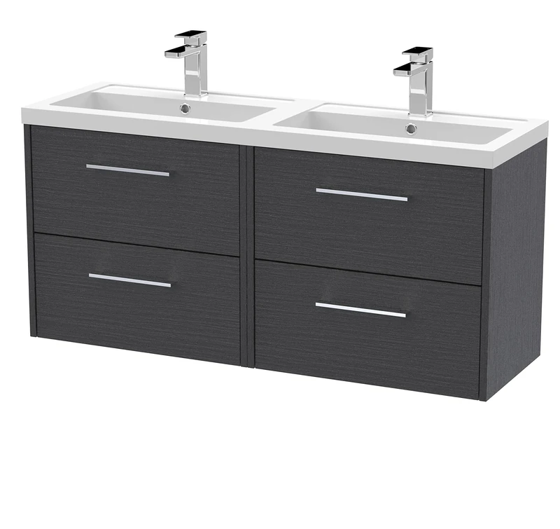Hudson Reed JNU2224C Juno Modern Bathroom Wall Hung 4-Drawer Vanity with Polymarble Double Basin, 1200mm, Woodgrain Graphite Grey
