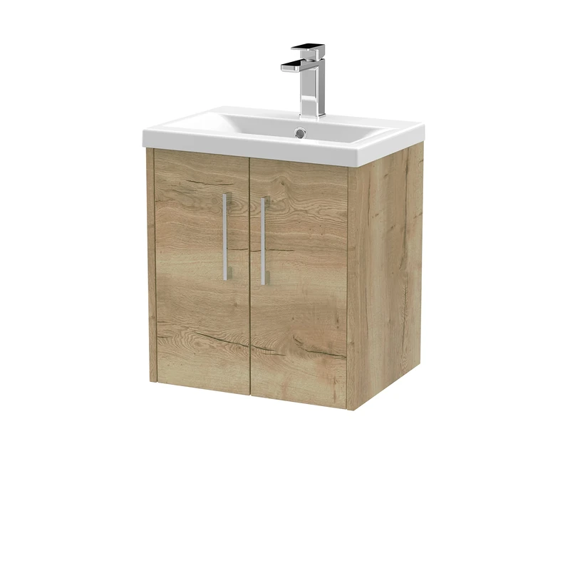 Hudson Reed JNU1821A Juno Modern Bathroom Wall Hung 2-Door Vanity with Mid-Edge Ceramic Basin, 500mm, Woodgrain Autumn Oak
