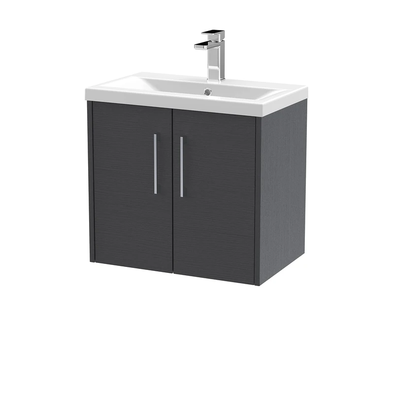 Hudson Reed JNU2223A Juno Modern Bathroom Wall Hung 2-Door Vanity with Mid-Edge Ceramic Basin, 600mm, Woodgrain Graphite Grey