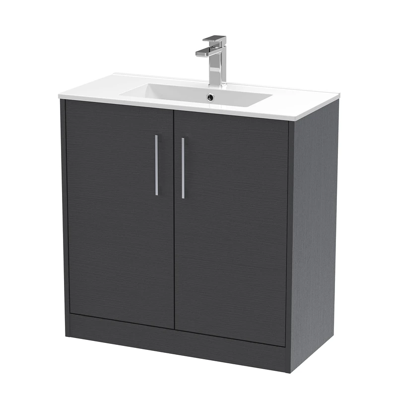 Hudson Reed JNU2205B Juno Modern Bathroom Floor Standing 2-Door Vanity with Minimalist Ceramic Basin, 800mm, Woodgrain Graphite Grey