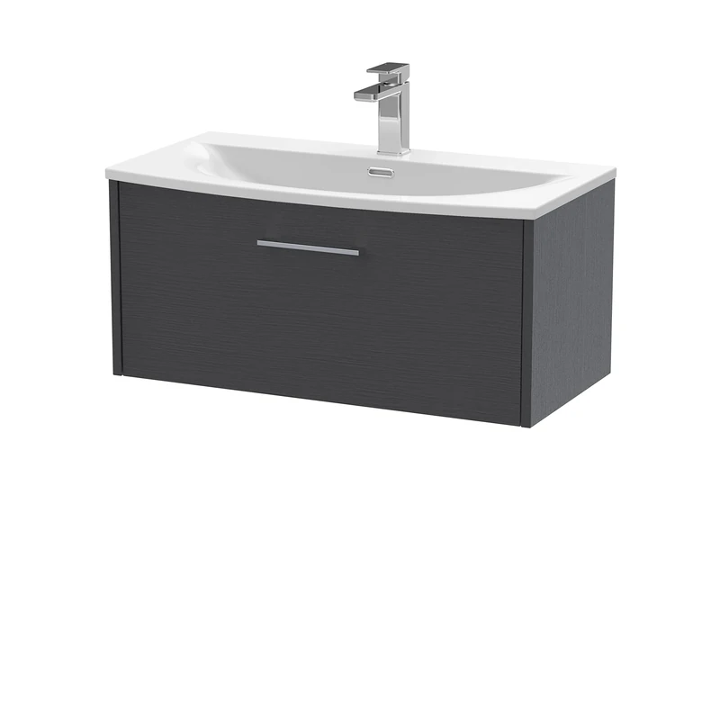Hudson Reed JNU2225G Juno Modern Bathroom Wall Hung Single Drawer Vanity with Curved Ceramic Basin, 800mm, Woodgrain Graphite Grey