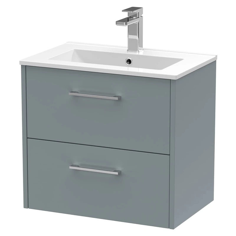 Hudson Reed JNU2324B Juno Modern Bathroom Wall Hung 2-Drawer Vanity with Minimalist Ceramic Basin, 600mm, Matt Coastal Grey