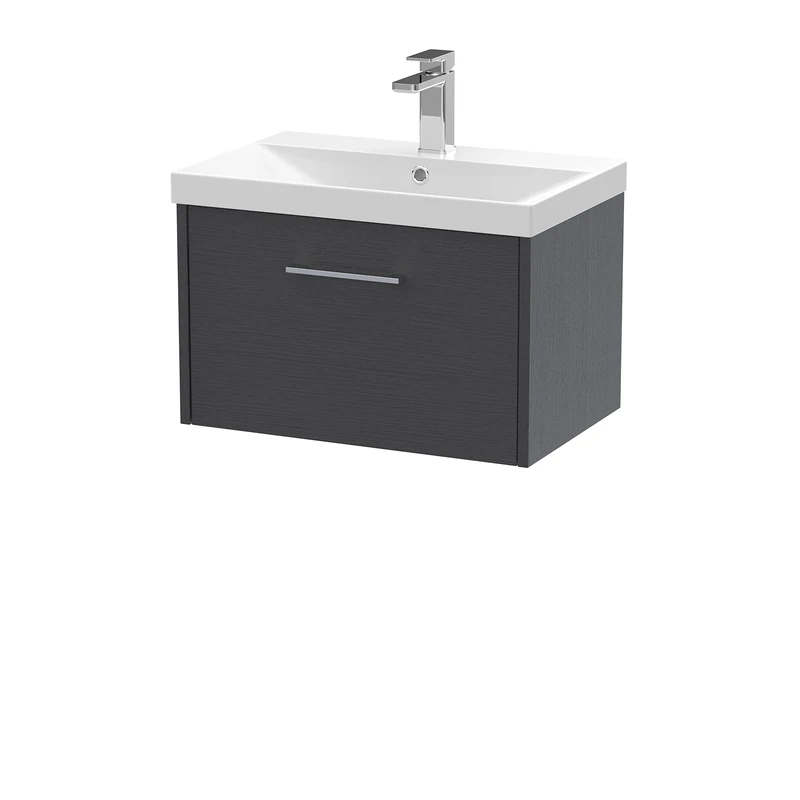 Hudson Reed JNU2222D Juno Modern Bathroom Wall Hung Single Drawer Vanity with Thin-Edge Ceramic Basin, 600mm, Woodgrain Graphite Grey
