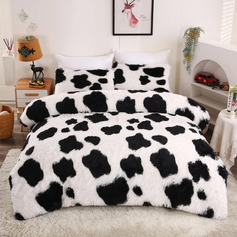 Chovy Faux Fur Tie-Dyed Cow Print Black White Comforter Sets King - 3PC Bed Set Ultra Soft Plush Flannel Velvet Fluffy Fuzzy Bedding（Comforter x 1 Pillowcases x 2）