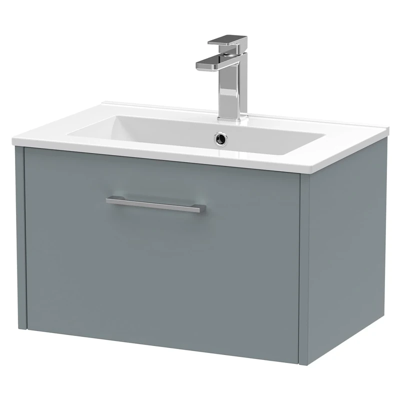 Hudson Reed JNU2322B Juno Modern Bathroom Wall Hung Single Drawer Vanity with Minimalist Ceramic Basin, 600mm, Matt Coastal Grey