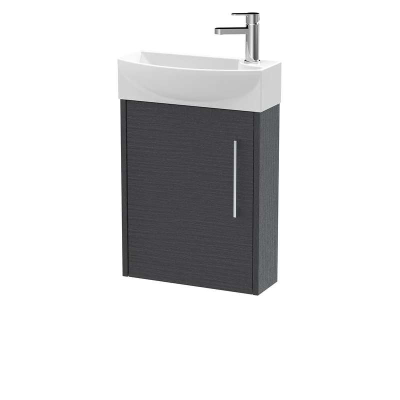 Hudson Reed JNU2261L Juno Compact Modern Cloakroom Wall Hung 1-Door Unit with 1 Tap Hole Left Hand Basin, 440mm, Woodgrain Graphite Grey