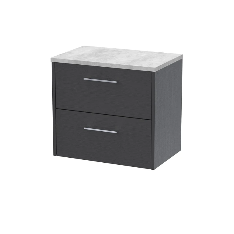 Hudson Reed JNU2224LBG Juno Modern Bathroom Wall Hung 2-Drawer Vanity with Bellato Grey Laminate Worktop, 600mm, Woodgrain Graphite Grey