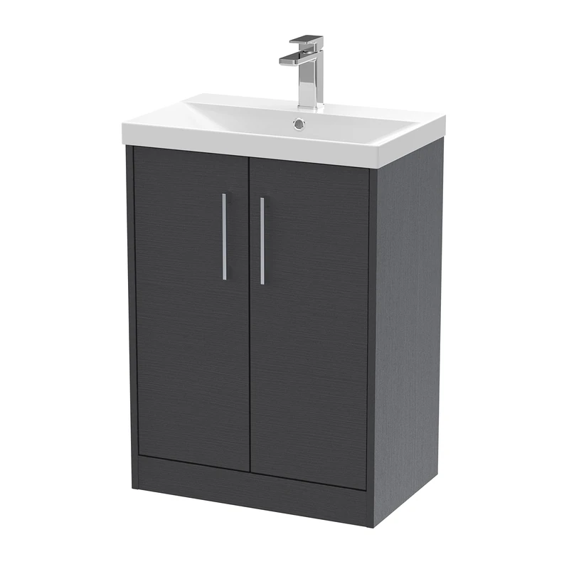 Hudson Reed JNU2203D Juno Modern Bathroom Floor Standing 2-Door Vanity with Thin-Edge Ceramic Basin, 600mm, Woodgrain Graphite Grey