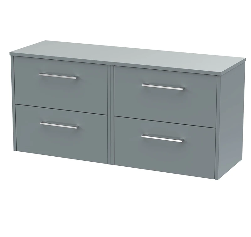 Hudson Reed JNU2324W2 Juno Modern Bathroom Wall Hung 4-Drawer Vanity with Colour Coordinating Worktop, 1200mm, Matt Coastal Grey
