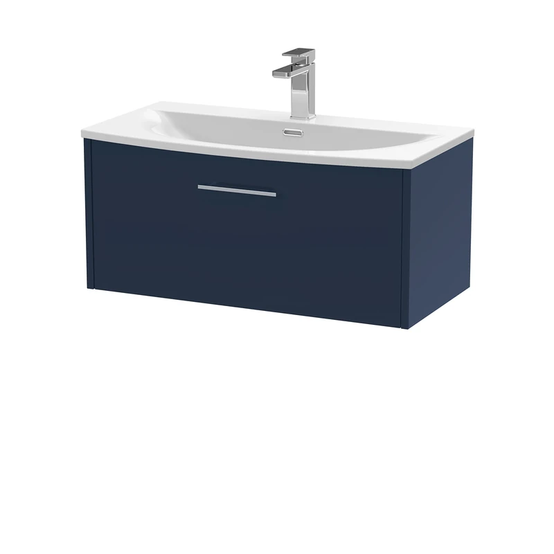 Hudson Reed JNU1725G Juno Modern Bathroom Wall Hung Single Drawer Vanity with Curved Ceramic Basin, 800mm, Matt Electric Blue