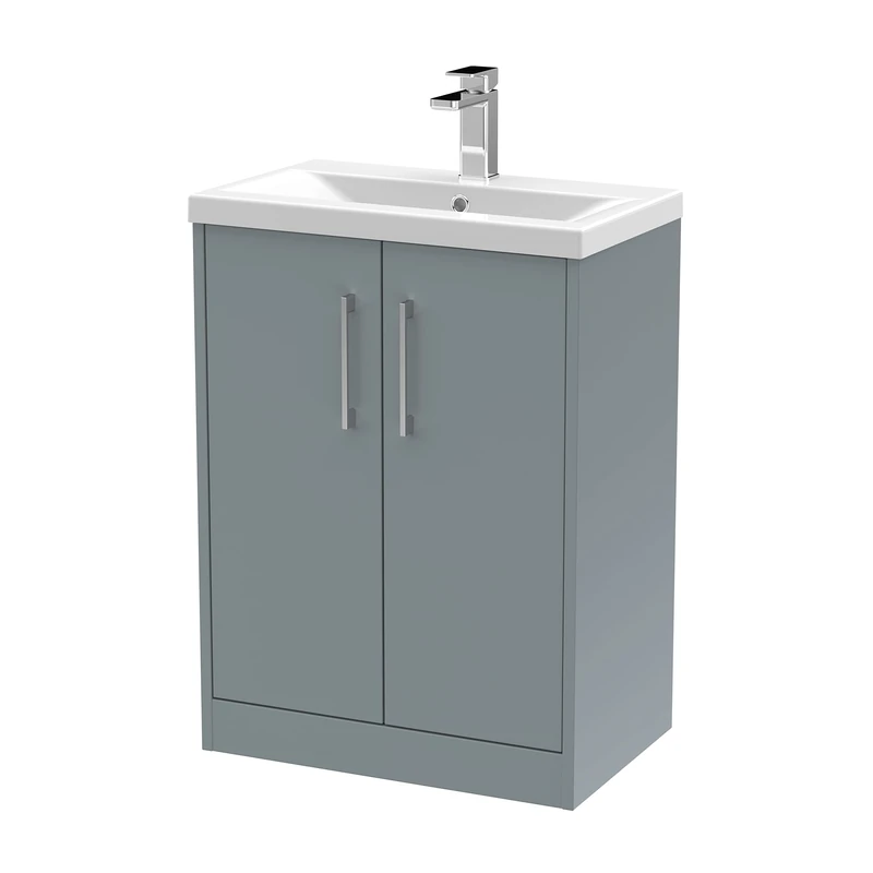 Hudson Reed JNU2303A Juno Modern Bathroom Floor Standing 2-Door Vanity with Mid-Edge Ceramic Basin, 600mm, Matt Coastal Grey