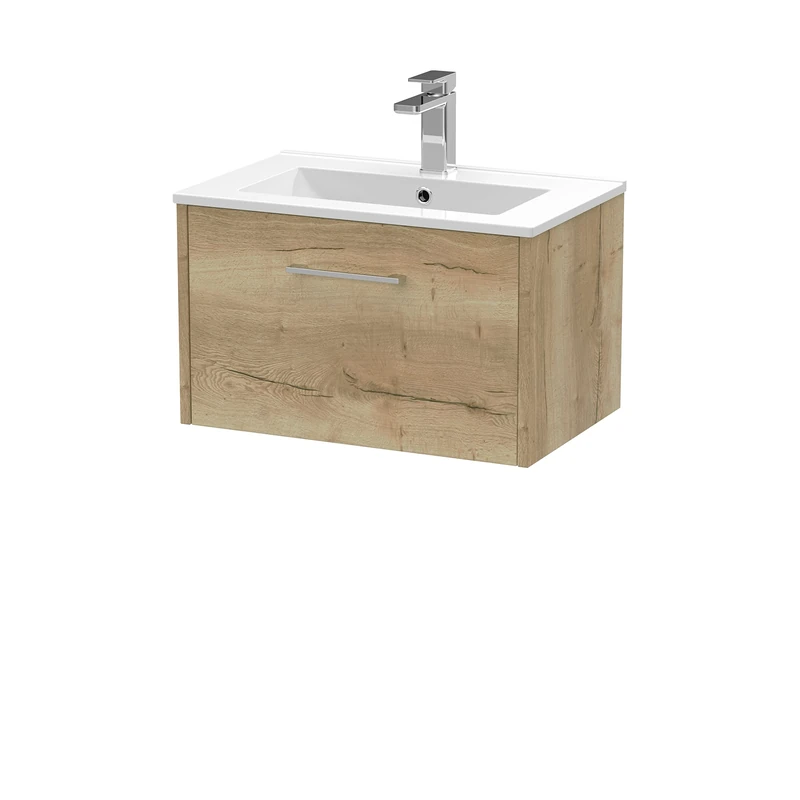 Hudson Reed JNU1822B Juno Modern Bathroom Wall Hung Single Drawer Vanity with Minimalist Ceramic Basin, 600mm, Woodgrain Autumn Oak