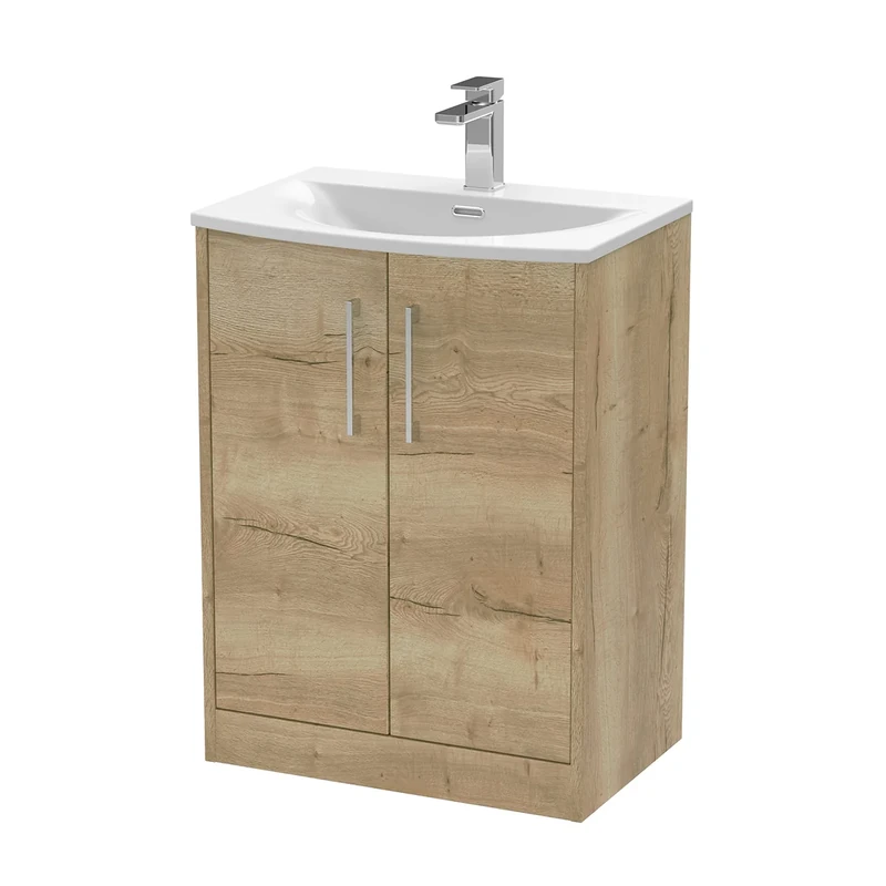 Hudson Reed JNU1803G Juno Modern Bathroom Floor Standing 2-Door Vanity with Curved Ceramic Basin, 600mm, Woodgrain Autumn Oak