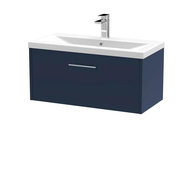 Hudson Reed JNU1725A Juno Modern Bathroom Wall Hung Single Drawer Vanity with Mid-Edge Ceramic Basin, 800mm, Matt Electric Blue