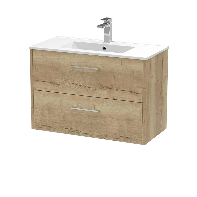 Hudson Reed JNU1826B Juno Modern Bathroom Wall Hung 2-Drawer Vanity with Minimalist Ceramic Basin, 800mm, Woodgrain Autumn Oak