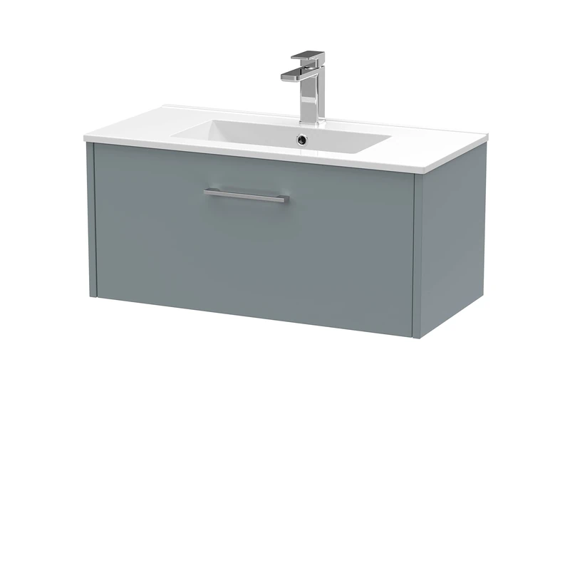 Hudson Reed JNU2325B Juno Modern Bathroom Wall Hung Single Drawer Vanity with Minimalist Ceramic Basin, 800mm, Matt Coastal Grey
