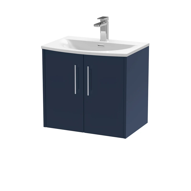 Hudson Reed JNU1723G Juno Modern Bathroom Wall Hung 2-Door Vanity with Curved Ceramic Basin, 600mm, Matt Electric Blue