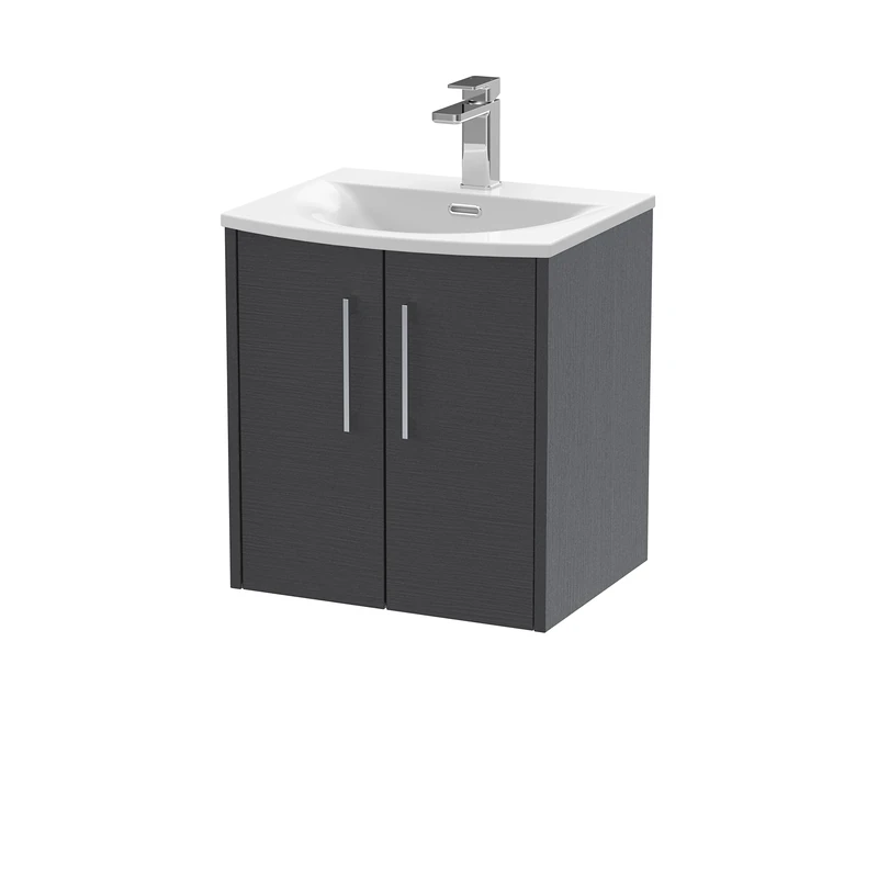 Hudson Reed JNU2221G Juno Modern Bathroom Wall Hung 2-Door Vanity with Curved Ceramic Basin, 500mm, Woodgrain Graphite Grey