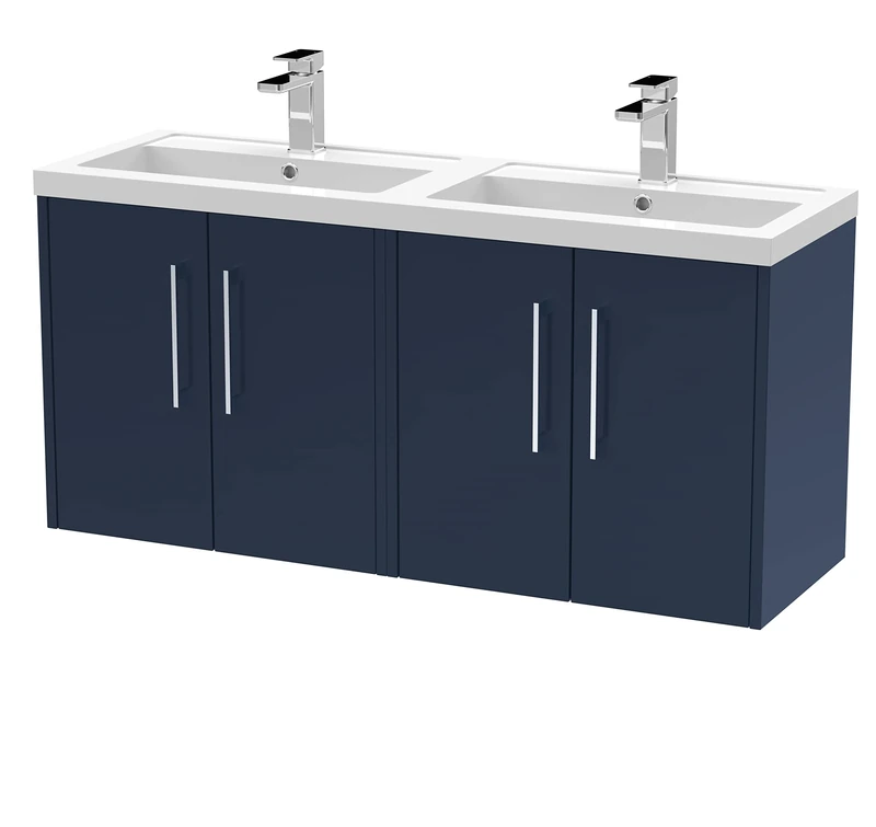 Hudson Reed JNU1723C Juno Modern Bathroom Wall Hung 4-Door Vanity with Polymarble Double Basin, 1200mm, Matt Electric Blue