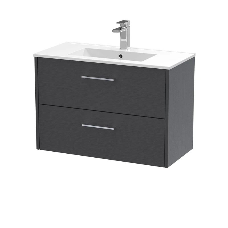 Hudson Reed JNU2226B Juno Modern Bathroom Wall Hung 2-Drawer Vanity with Minimalist Ceramic Basin, 800mm, Woodgrain Graphite Grey