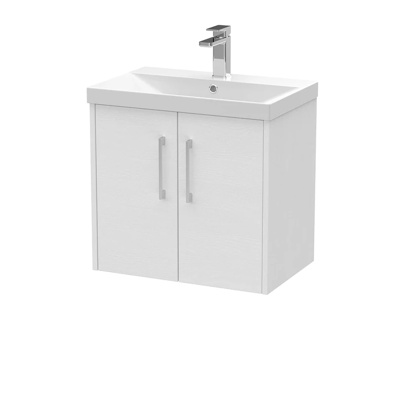 Hudson Reed JNU2123D Juno Modern Bathroom Wall Hung 2-Door Vanity with Thin-Edge Ceramic Basin, 600mm, Woodgrain White Ash