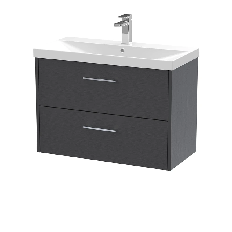 Hudson Reed JNU2226D Juno Modern Bathroom Wall Hung 2-Drawer Vanity with Thin-Edge Ceramic Basin, 800mm, Woodgrain Graphite Grey