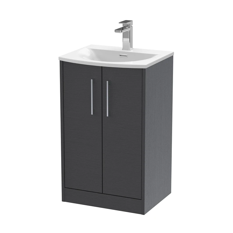 Hudson Reed JNU2201G Juno Modern Bathroom Floor Standing 2-Door Vanity with Curved Ceramic Basin, 500mm, Woodgrain Graphite Grey