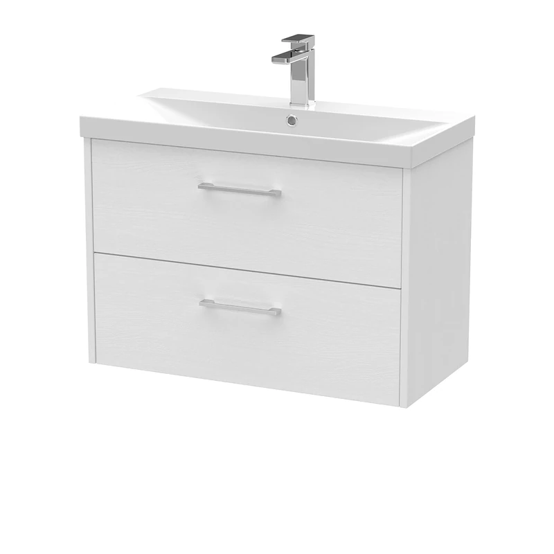 Hudson Reed JNU2126D Juno Modern Bathroom Wall Hung 2-Drawer Vanity with Thin-Edge Ceramic Basin, 800mm, Woodgrain White Ash