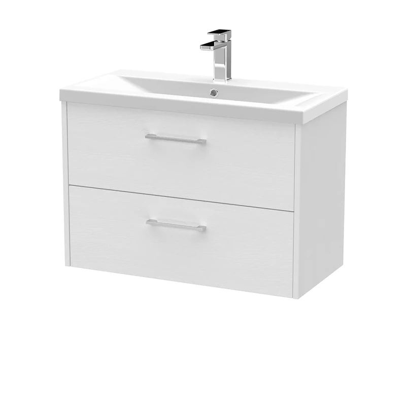 Hudson Reed JNU2126A Juno Modern Bathroom Wall Hung 2-Drawer Vanity with Mid-Edge Ceramic Basin, 800mm, Woodgrain White Ash