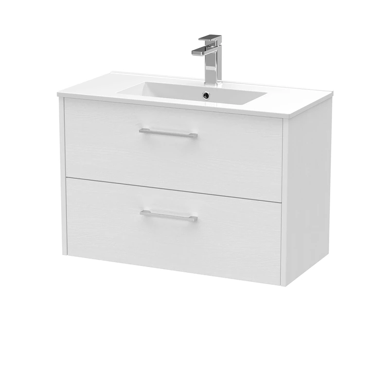 Hudson Reed JNU2126B Juno Modern Bathroom Wall Hung 2-Drawer Vanity with Minimalist Ceramic Basin, 800mm, Woodgrain White Ash