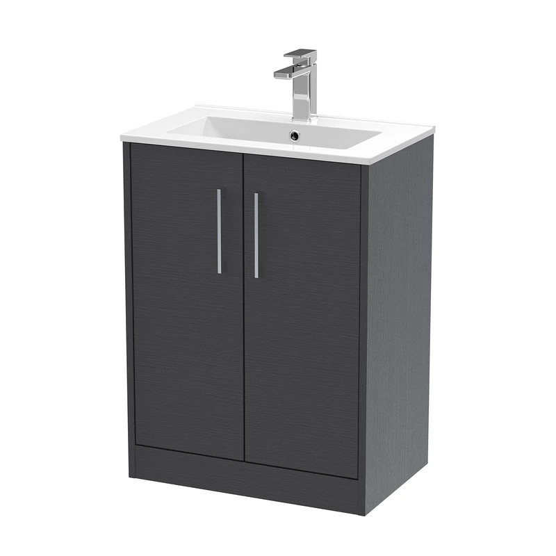 Hudson Reed JNU2203B Juno Modern Bathroom Floor Standing 2-Door Vanity with Minimalist Ceramic Basin, 600mm, Woodgrain Graphite Grey