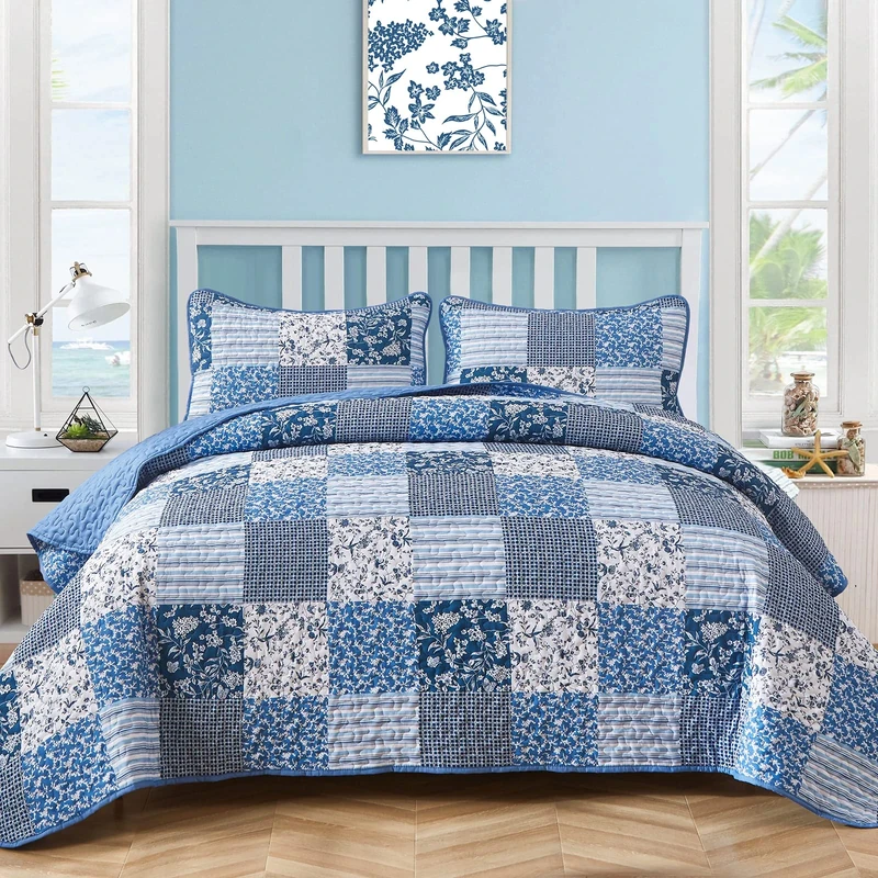 Mybedsoul - Boho Blue Duvet Cover Set King Size 3 Pieces Quilted Floral Bedspread Cover All Season Reversible Bedding Set 90"x104"
