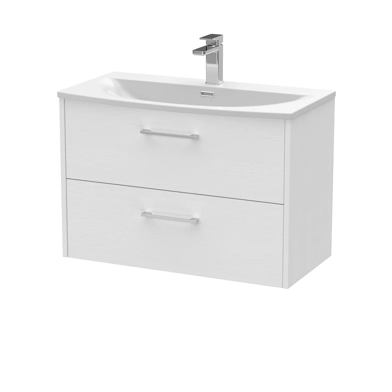 Hudson Reed JNU2126G Juno Modern Bathroom Wall Hung 2-Drawer Vanity with Curved Ceramic Basin, 800mm, Woodgrain White Ash