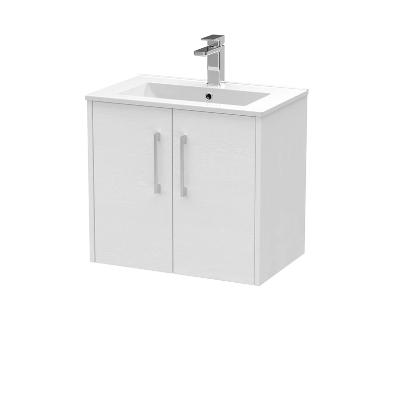 Hudson Reed JNU2123B Juno Modern Bathroom Wall Hung 2-Door Vanity with Minimalist Ceramic Basin, 600mm, Woodgrain White Ash
