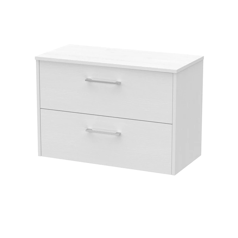 Hudson Reed JNU2126W Juno Modern Bathroom Wall Hung 2-Drawer Vanity with Colour Coordinating Worktop, 800mm, Woodgrain White Ash