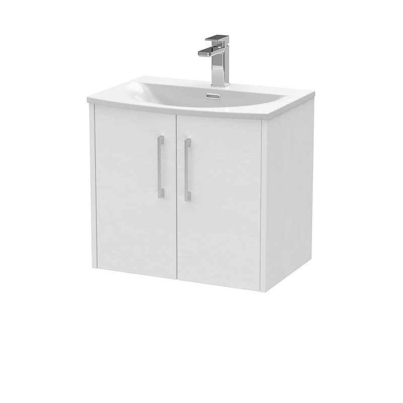 Hudson Reed JNU2123G Juno Modern Bathroom Wall Hung 2-Door Vanity with Curved Ceramic Basin, 600mm, Woodgrain White Ash