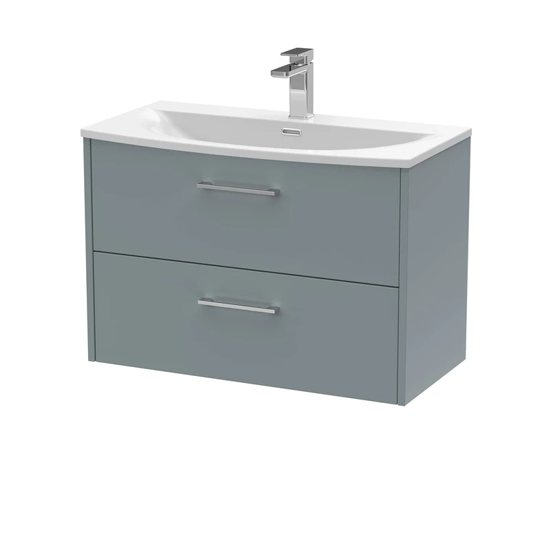 Hudson Reed JNU2326G Juno Modern Bathroom Wall Hung 2-Drawer Vanity with Curved Ceramic Basin, 800mm, Matt Coastal Grey