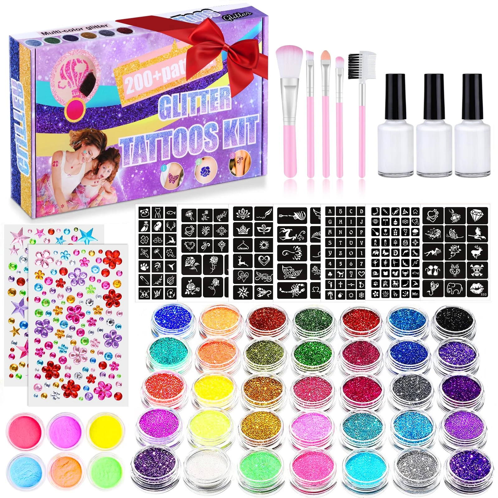 Glitter Tattoos for Kids, Girls Temporary Tattoo Kit, 41 Colours Glitter 215 Rhinestones 204 Stencils 3 Glue 5 Brushes Waterproof Tattoos, Festival Body Make Up for Girls & Adults, Birthday, Party