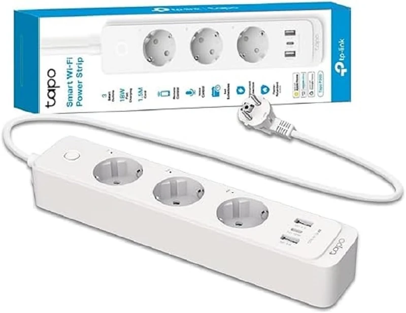 TP-Link Tapo P300 Power Strip with 2 USB Ports and 1 Type C Ports, Multiple Socket Safety Guarantee, Works Alexa, Google Home, HomeKit Voice Control, Remote Access, 1.5 m, White - Image 1