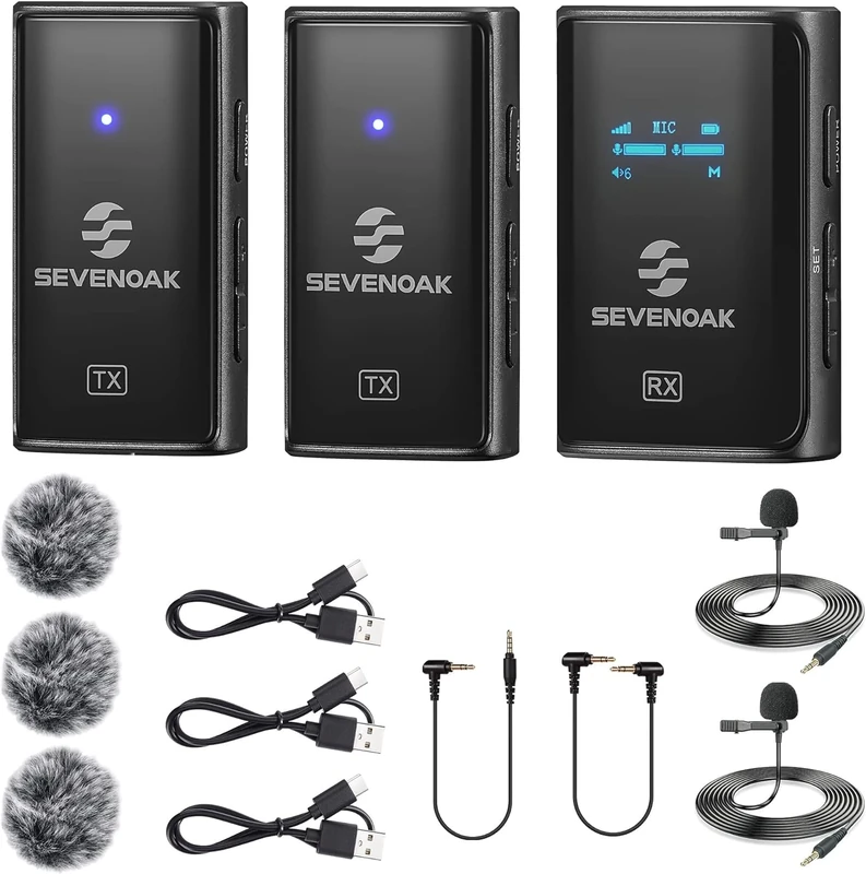 Sevenoak Wireless Lavalier Microphone System, with OLED, 2.4GHz Dual Lapel Wireless Microphone with Stereo/Mono for Camera Phone iPhone PC Video Record Interview Vlog Live Stream SKM-W4 K2 (2 TX+1 RX)